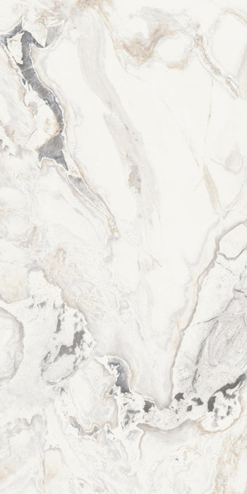 Dettaglio piastrella in gres porcellanato effetto marmo, Ceramiche Keope - Collezione Interno4, formato 60x120 cm, finitura lappata, colore Calacatta San Babila. Ideale per pavimenti e rivestimenti di design.