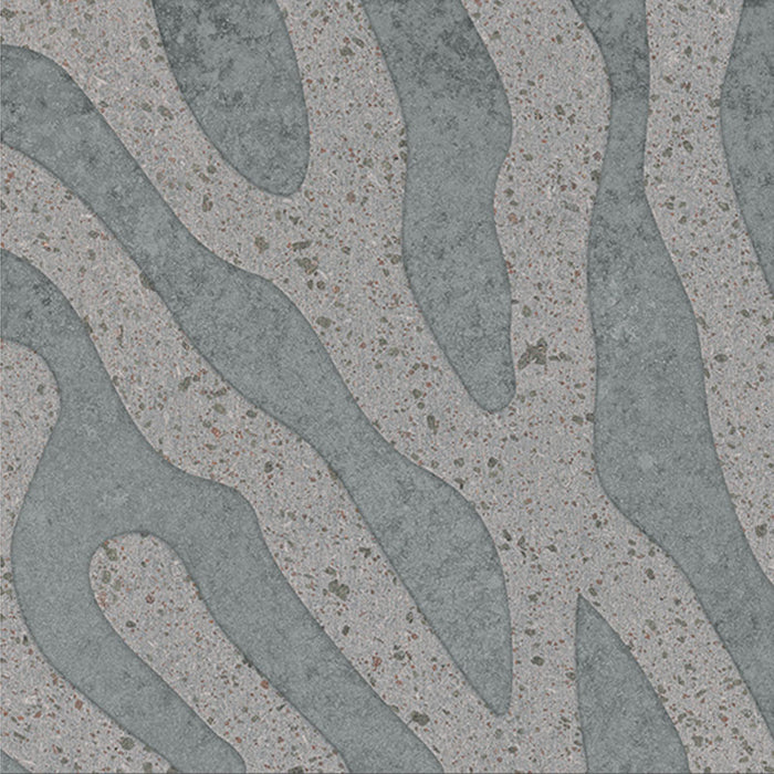 dettaglio piastrella per rivestimento in gres porcellanato effetto pietra lavica opaco decorato astratto in gres smaltato lucido, formato 20x20, collezione Lavica di Keope, colore Stromboli Grey
