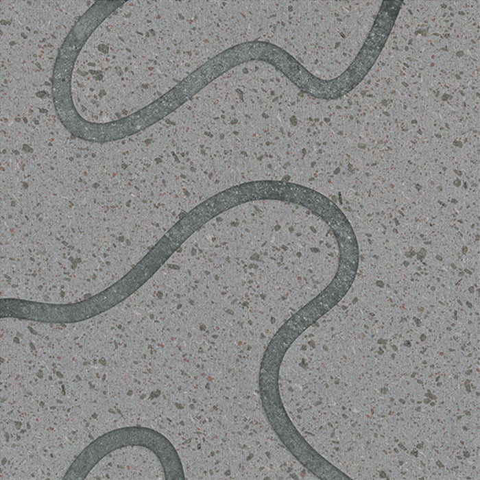 dettaglio piastrella per rivestimento in gres porcellanato effetto pietra lavica opaco decorato astratto in gres smaltato lucido, formato 20x20, collezione Lavica di Keope, colore Stromboli Grey