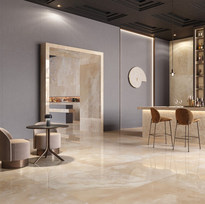 ambientazione di piastrelle onice honey della collezione onice di keope ceramiche in formato 60x120