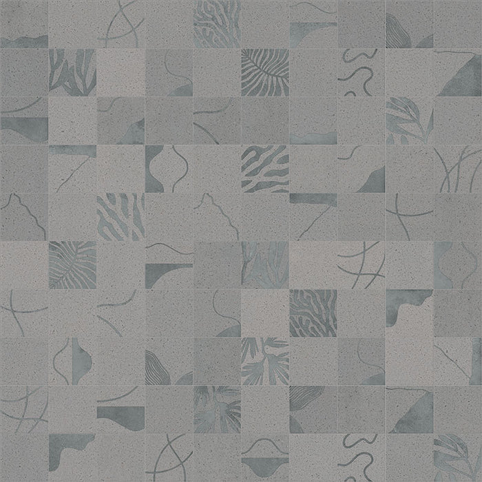 dettaglio piastrella per rivestimento in gres porcellanato effetto pietra lavica opaco decorato astratto in gres smaltato lucido, formato 20x20, collezione Lavica di Keope, colore Stromboli Grey