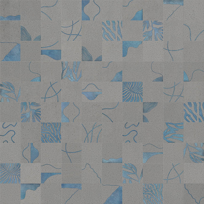 dettaglio piastrelle per rivestimento in gres porcellanato effetto pietra lavica opaco decorato astratto in gres smaltato lucido, formato 20x20, collezione Lavica di Keope, colore Vesuvio Grey