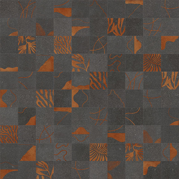 dettaglio piastrelle per rivestimento in gres porcellanato effetto pietra lavica opaco decorato astratto in gres smaltato lucido, formato 20x20, collezione Lavica di Keope, colore Vulcano Anthracite