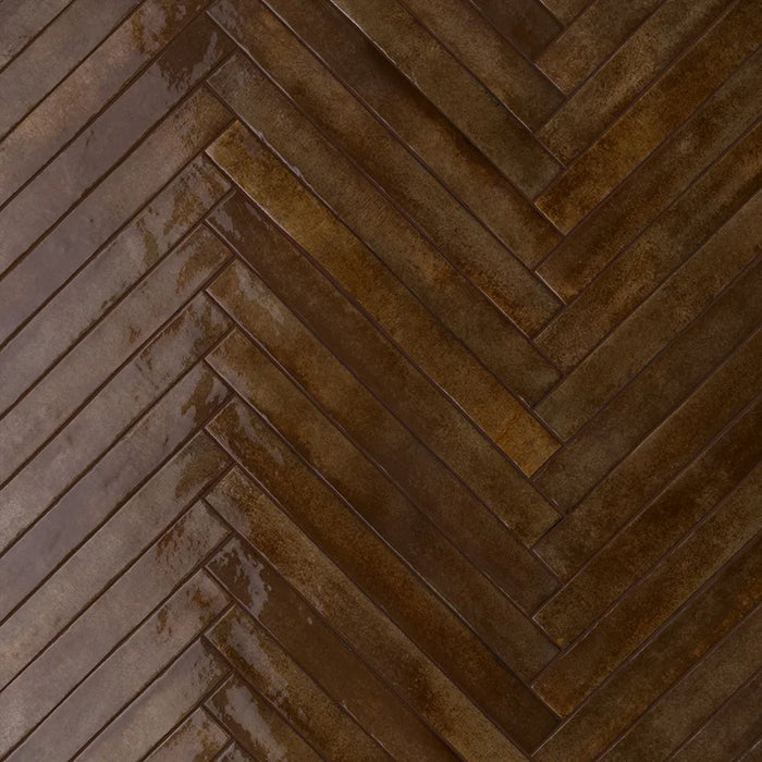 Rivestimento interno in gres porcellanato effetto mattoncino lucido posato a spina di pesce, collezione Life di Ceramica Rondine, formato 4.8x45 cm, colore Chocolate
