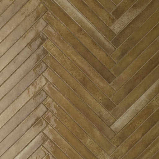 Rivestimento interno in gres porcellanato effetto mattoncino lucido posato a spina di pesce, collezione Life di Ceramica Rondine, formato 4.8x45 cm, colore Dijon