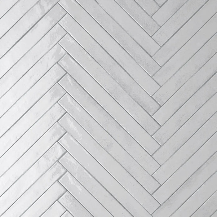 Rivestimento interno in gres porcellanato effetto mattoncino lucido posato a spina di pesce, collezione Life di Ceramica Rondine, formato 4.8x45 cm, colore White
