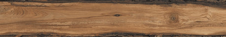 Dettaglio piastrella da pavimento in gres porcellanato effetto legno rustico, serie Sherwood di Ceramica Rondine, colore Mahogany 24x150 