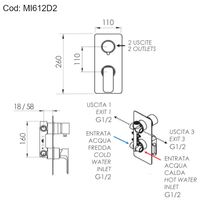 scheda tecnica del miscelatore Minerva per doccia a incasso con deviatore meccanico a 2 uscite