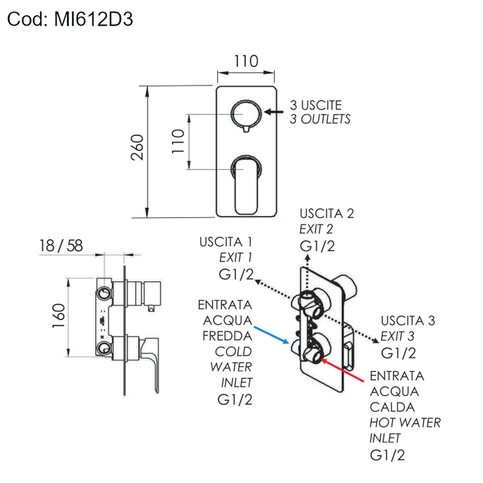 SCHEDA TECNICA DEL MISCELATORE MINERVA PER DOCCIA A INCASSO CON DEVIATORE MECCANICO A 3 USCITE