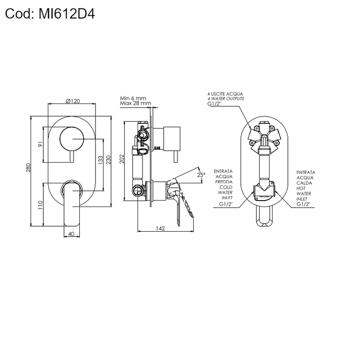 SCHEDA TECNICA DEL MISCELATORE A INCASSO MINERVA CON DEVIATOE MECCANICO A 3 USCITE, SERIE TIARA DI DANIEL RUBINETTERIE