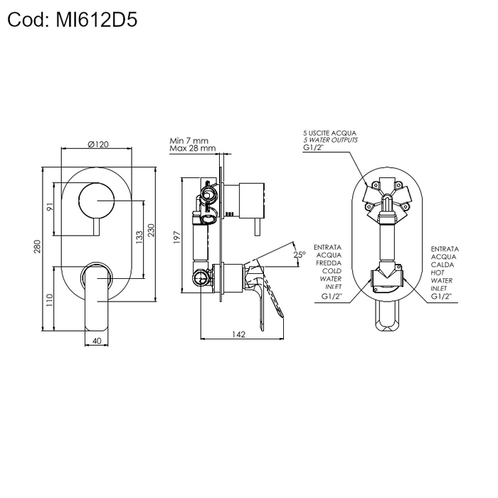 SCHEDA TECNICA DEL MISCELATORE A INCASSO PER DOCCIA DELLA SERIE MINERVA, CON DEVIATORE MECCANICO A 5 USCITE