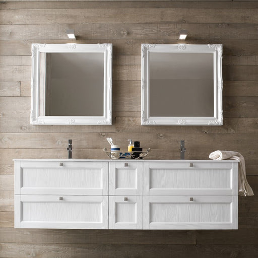 COMPOSIZIONE MOBILE BAGNO CLASSICO RICORDI CON DOPPIO LAVABO, STRUTTURA COLORE LEGNO BIANCO E TOP IN TEKOR