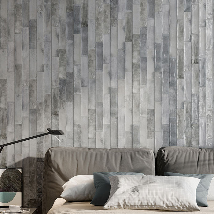 Dettaglio rivestimento in gres porcellanato effetto mattoncino lucido 6x25 cm della collezione Mojave, colore Light Grey di Ceramica Rondine