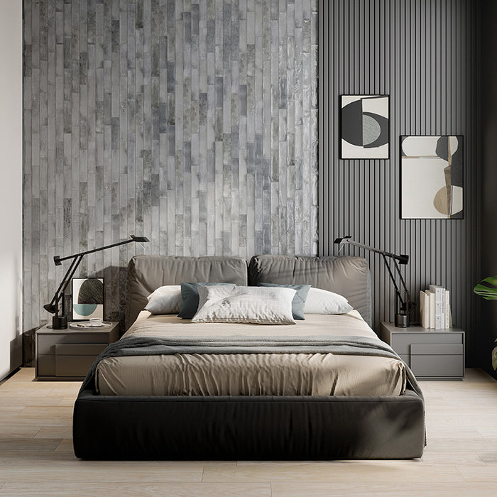 Dettaglio camera da letto con rivestimento in gres porcellanato effetto mattoncino lucido 6x25 cm della collezione Mojave, colore Light Grey di Ceramica Rondine