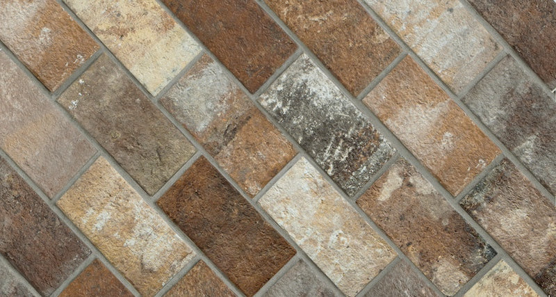 Dettaglio piastrella per pavimento e rivestimento in gres porcellanato effetto mattoncino Opaco 13x25 cm della collezione London, colore Multicolor di Ceramica Rondine