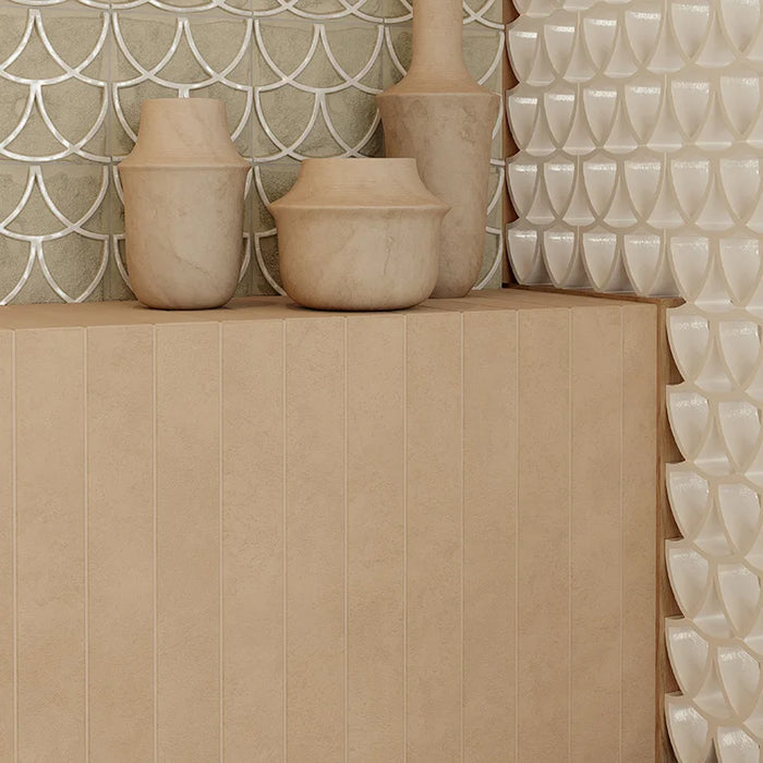 Dettaglio rivestimento in gres porcellanato serie Longarine Calcecreta di Marca Corona, effetto mattoncino, formato 7.5x60, Colore Bisque