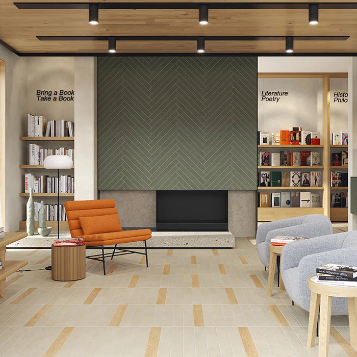 Libreria moderna con rivestimento in gres porcellanato serie Longarine Brio di Marca Corona, effetto mattoncino, formato 7.5x60, Colore Mirto