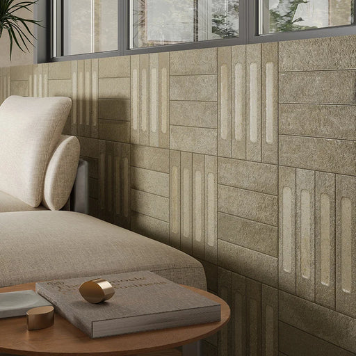 Dettaglio salotto con rivestimento in gres porcellanato serie Miniature Fornace di Marca Corona, effetto mattoncino rigato materico e strutturato, formato 6x24, Colore Formella Verde Muschio