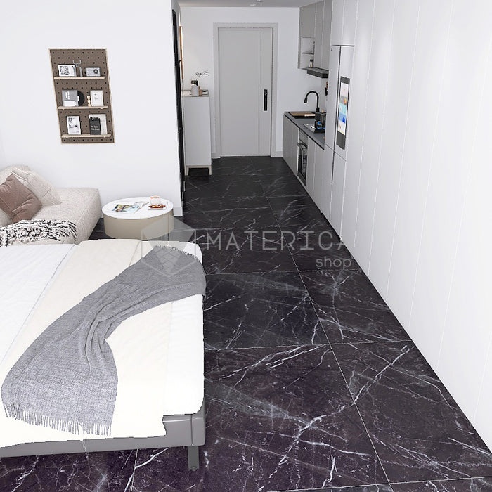 Monolocale moderno con pavimento in gres porcellanato effetto marmo opaco, della collezione La Marmoteca di Gardenia Orchidea, formato 120x120 NAT. PTECH, colore Marquinia Black