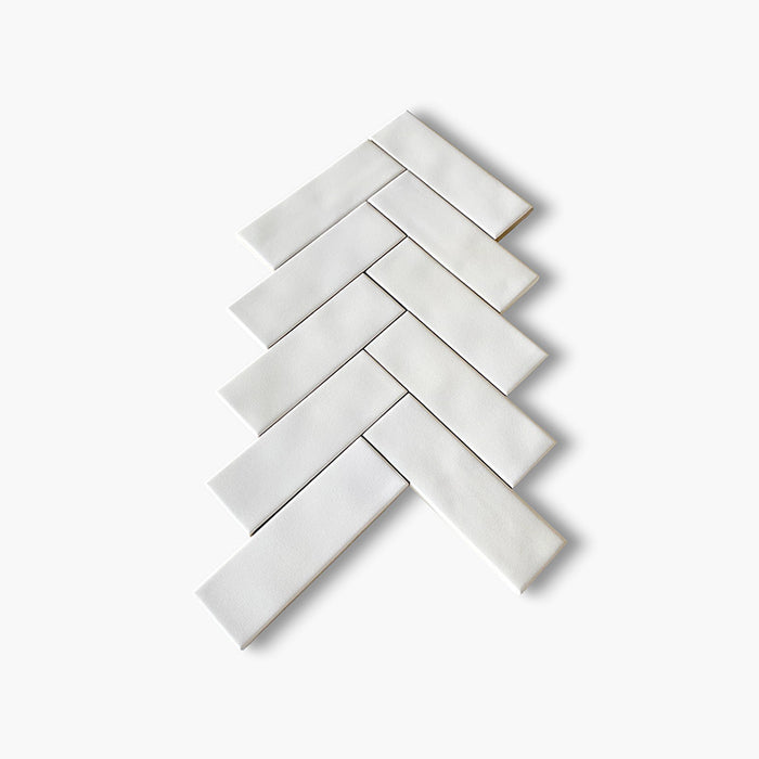 Foto posato spina di pesce in gres porcellanato effetto mattoncino opaco della collezione Mini di self style by keradom, colore Off White matt, formato piccolo rettangolare 5x15