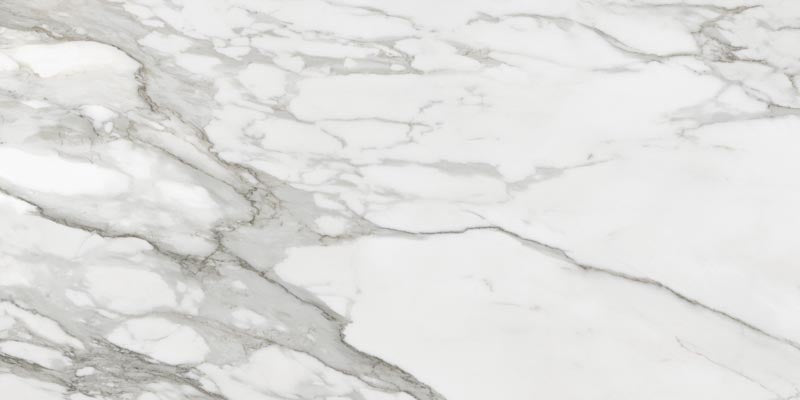 dettaglio piastrella per pavimento e rivestimento in gres porcellanato smaltato lucido effetto marmo della collezione Mito di Paul & Co Ceramiche, formato 60x120, colore Marmo bianco Borghini