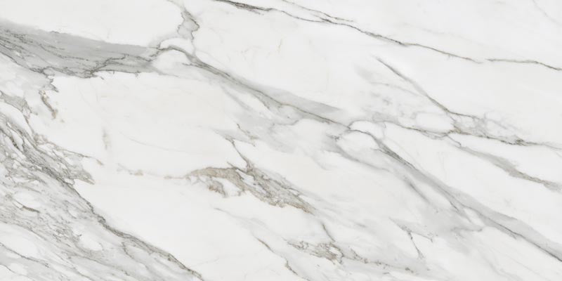 dettaglio piastrella per pavimento e rivestimento in gres porcellanato smaltato lucido effetto marmo della collezione Mito di Paul & Co Ceramiche, formato 60x120, colore Marmo bianco Borghini