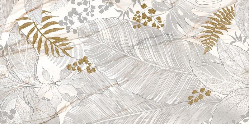 dettaglio piastrella da rivestimento in gres porcellanato smaltato lucido effetto marmo DECORATO FLOREALE con dettagli dorati della collezione Mito di Paul & Co Ceramiche, formato 60x120, colore Driadi Calacatta Oro