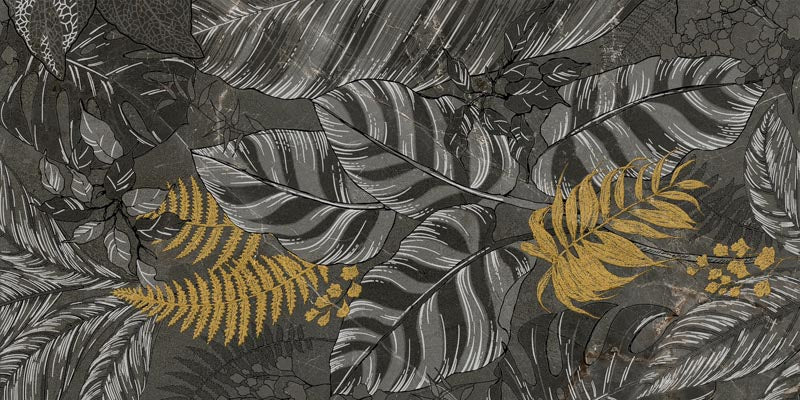 dettaglio piastrella da rivestimento in gres porcellanato smaltato lucido effetto marmo DECORATO FLOREALE con dettagli dorati della collezione Mito di Paul & Co Ceramiche, formato 60x120, colore Driadi Soveraya Grafite