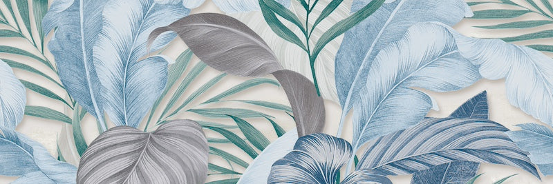 Dettaglio piastrella da rivestimento effetto carta da parati con decoro floreale multicolore della collezione More Plus di Paul & Co Ceramiche, formato 25x75 rettificato, colore Forest Ice