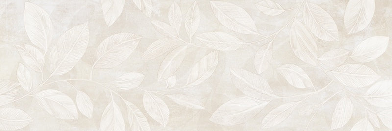 Dettaglio piastrella da rivestimento effetto cemento con decoro floreale tono su tono leggermente in rilievo della collezione More Plus di Paul & Co Ceramiche, formato 25x75 rettificato, colore Springtime Ivory