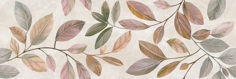 Dettaglio piastrella da rivestimento effetto cemento con decoro floreale multicolore leggermente in rilievo della collezione More Plus di Paul & Co Ceramiche, formato 25x75 rettificato, colore Springtime Sun