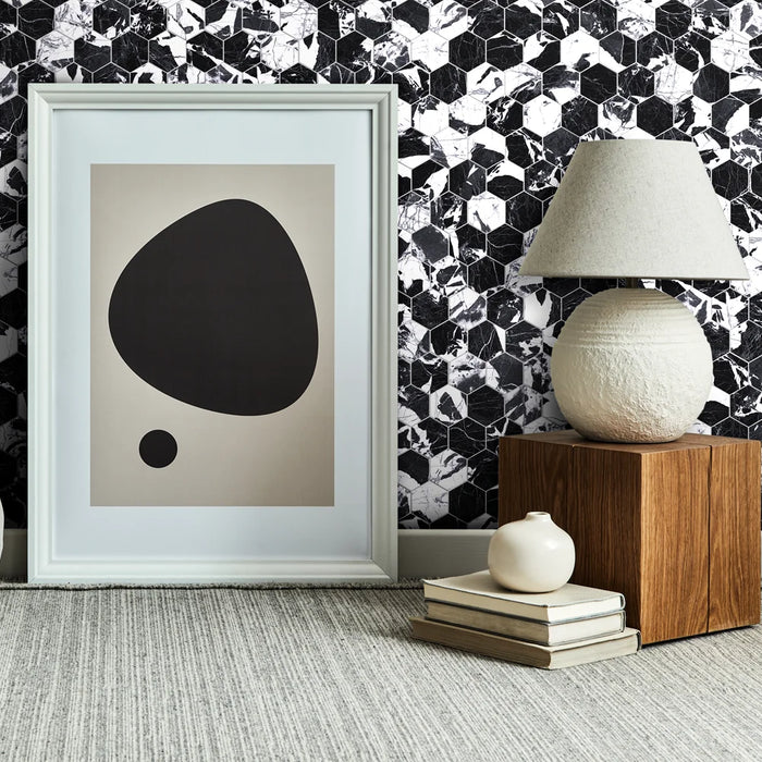 Rivestimento in mosaico esagonale effetto marmo bianco e nero. Collezione Prestige di Dhoorse colore Grand Antique