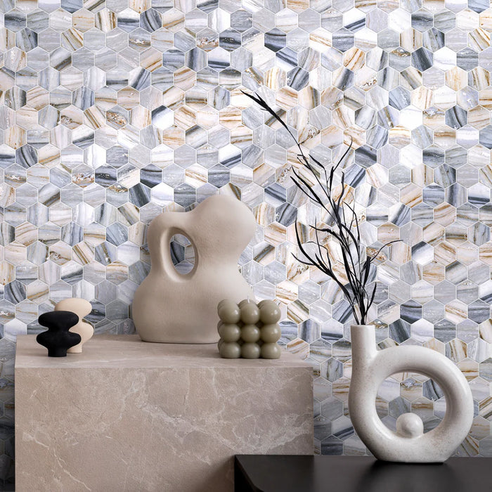 Rivestimento con mosaico efffetto marmo di forma esagonale. Collezione Prestige di Dhoorse colore New Palissandro