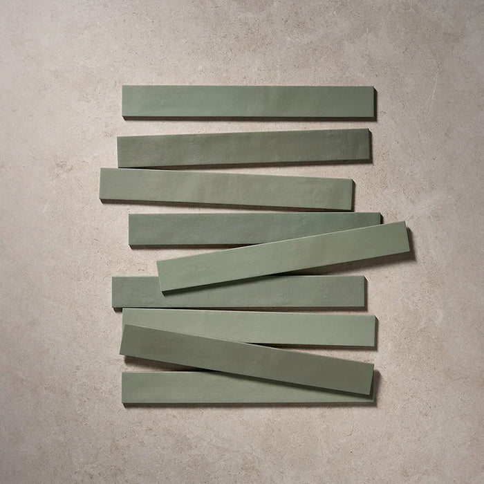 Piastrelle Gres Neo Cool Green 4.6x37.5 Eccentrico, effetto mattoncino opaco.