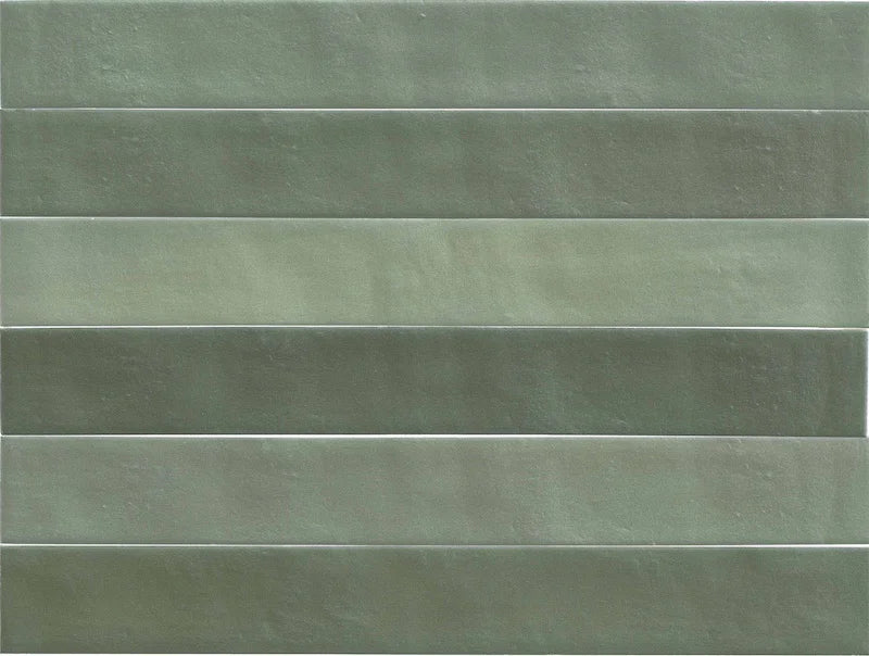 Piastrella gres Neo Cool Green 4.6x37.5 Eccentrico, effetto mattoncino opaco.