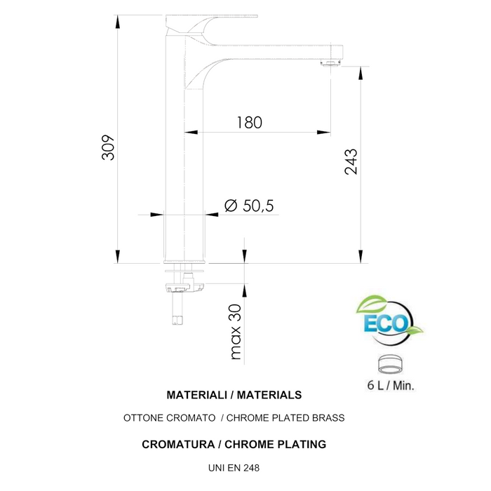 CHEDA TECNICA MISCELATORE A CANNA ALTA SENZA SCARICO DELLA ERIE OMEGA GREEN DI DANIEL RUBINETTERIE CON SISTEME ENERGY SAVING E RISPARMIO IDRICO