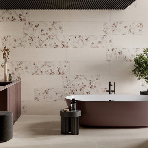 Rivestimento ceramico 33x100 cm della collezione Ludostone, colore Oasi Coral di Ceramica Rondine.