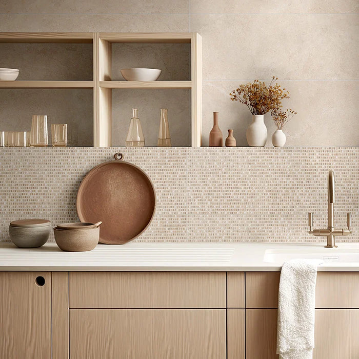 Piastrella per rivestimenti in bicottura pasta bianca effetto mosaico della collezione Oasi di Savoia Italia, formato 33x100 cm, colore Frammenti