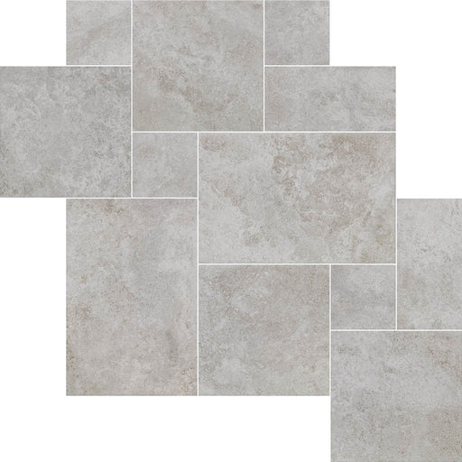 dettaglio piastrelle da pavimento per esterni in gres porcellanato smaltato opaco effetto pietra naturale francese della collezione Occitanie di Paul & Co Ceramiche, formato modulare multiformato antiscivolo R11, colore Grey