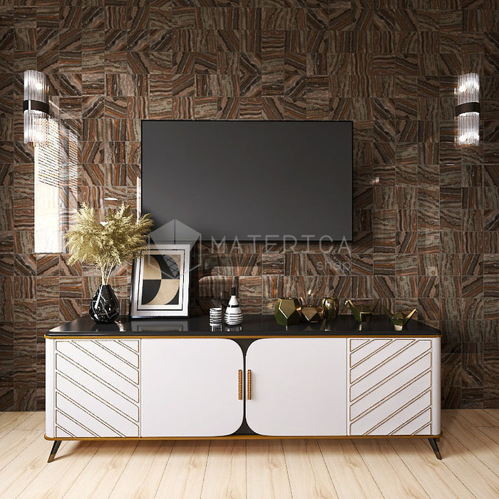 Dettaglio piastrella per pavimento e rivestimento in gres porcellanato effetto pietra spaziale. Collezione Swimming Pool di Ceramica Valsecchia, formato 15x15, Onyx Brown