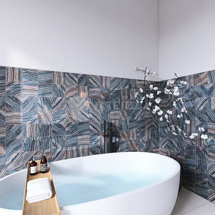 Dettaglio piastrella per pavimento e rivestimento in gres porcellanato effetto pietra spaziale. Collezione Swimming Pool di Ceramica Valsecchia, formato 15x15, Onyx Green