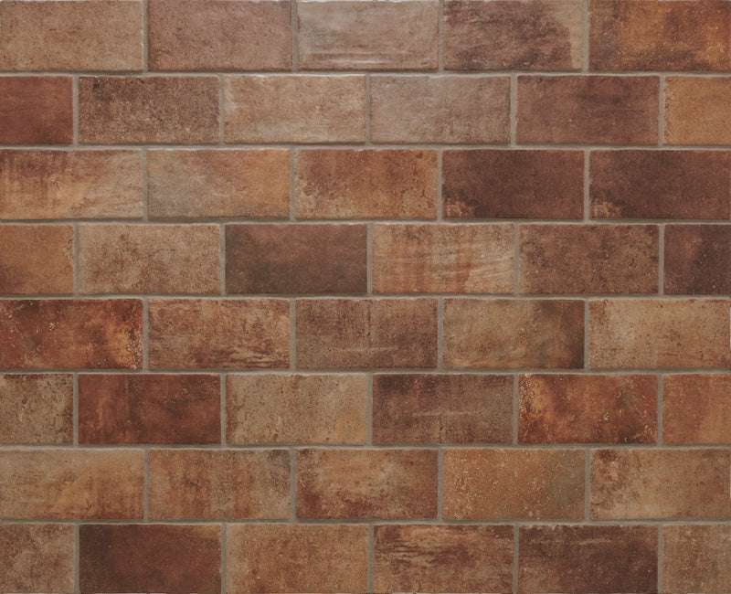 Dettaglio piastrella per pavimento e rivestimento in gres porcellanato effetto cotto opaco 13x25 cm della collezione Recovery Stone, colore Old Red di Ceramica Rondine