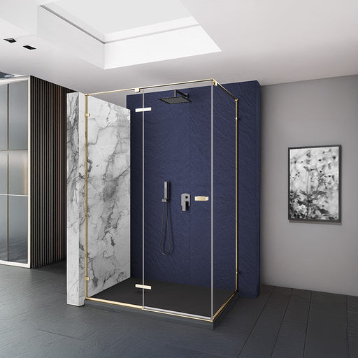 box doccia angolare con chiusura a battente della serie Petra San Pietro con profili nickel spazzolati e vetro trasparente