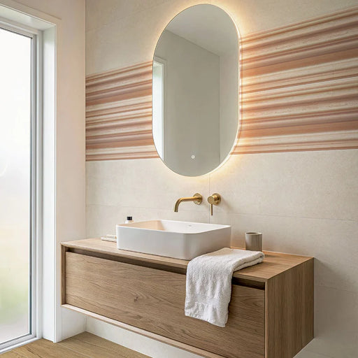 Rivestimento bagno in bicottura pasta bianca rigato della collezione Pictura di Idea Ceramica, formato 33x100 cm, colore Mavrica Argilla