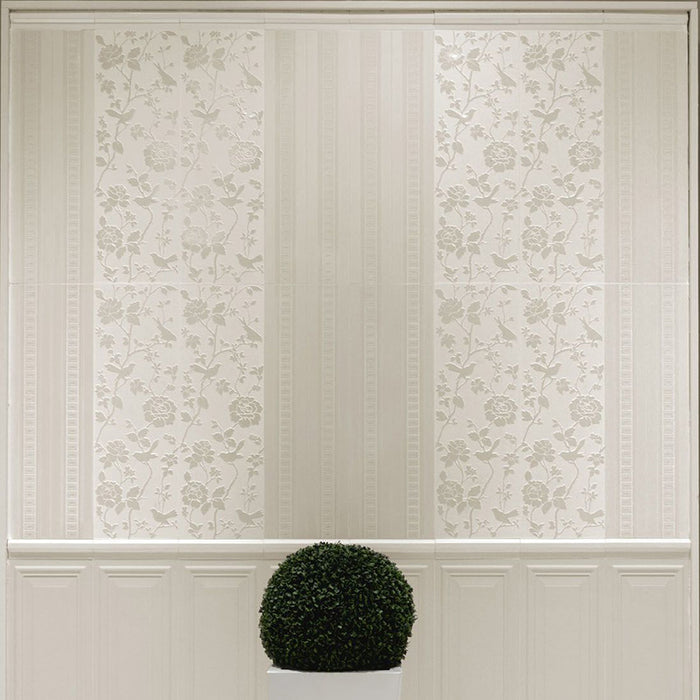 Dettaglio piastrella per rivestimento in gres porcellanato effetto decoro geometrico 24x72 cm, collezione Park Avenue di Ceramica Settecento, colore Winter