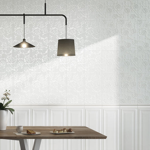 Dettaglio piastrella per rivestimento in gres porcellanato effetto boiserie 24x72 cm, collezione Park Avenue di Ceramica Settecento, colore White