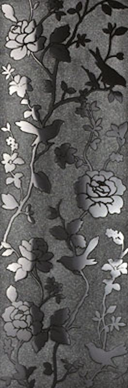 Dettaglio piastrella per rivestimento in gres porcellanato effetto decoro floreale 24x72 cm, collezione Park Avenue di Ceramica Settecento, colore Black