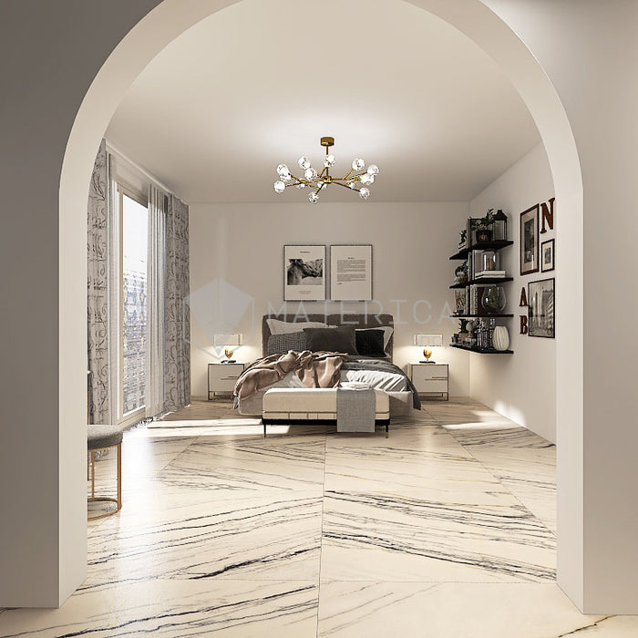 Camera da letto moderna elegante con pavimento dal design sofisticato ed elegante in gres porcellanato effetto marmo lux, ideale per ambienti moderni e raffinati. Collezione La Marmoteca di Gardenia Orchidea, formato 120x120 cm, colore Pearl Deluxe