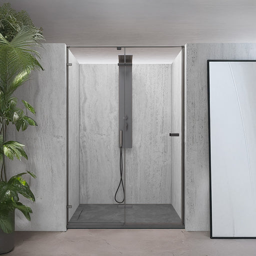 porta doccia in nicchia con apertura a battente della serie Petra San Pietro in finiura nickel spazzolato e vetro trasparente