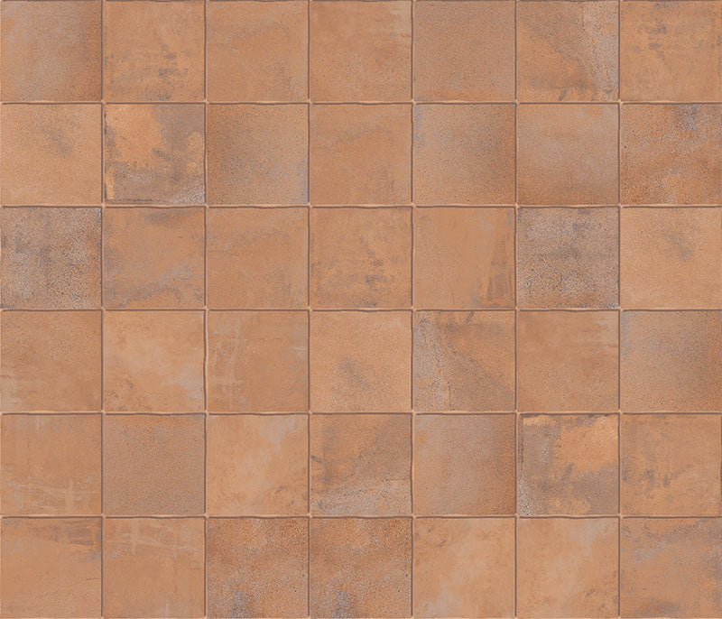 Dettaglio piastrelle in gres porcellanato effetto cotto italiano della collezione Cotto di Keradom, formato 25x25 colore Arancio